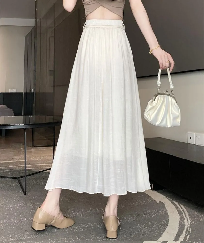 chouyatou Women's High Elastic Waist Swing Skirt Flowy Pleated Cotton Linen Midi Long Skirt with Belt