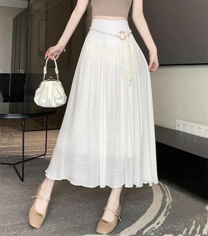 chouyatou Women's High Elastic Waist Swing Skirt Flowy Pleated Cotton Linen Midi Long Skirt with Belt