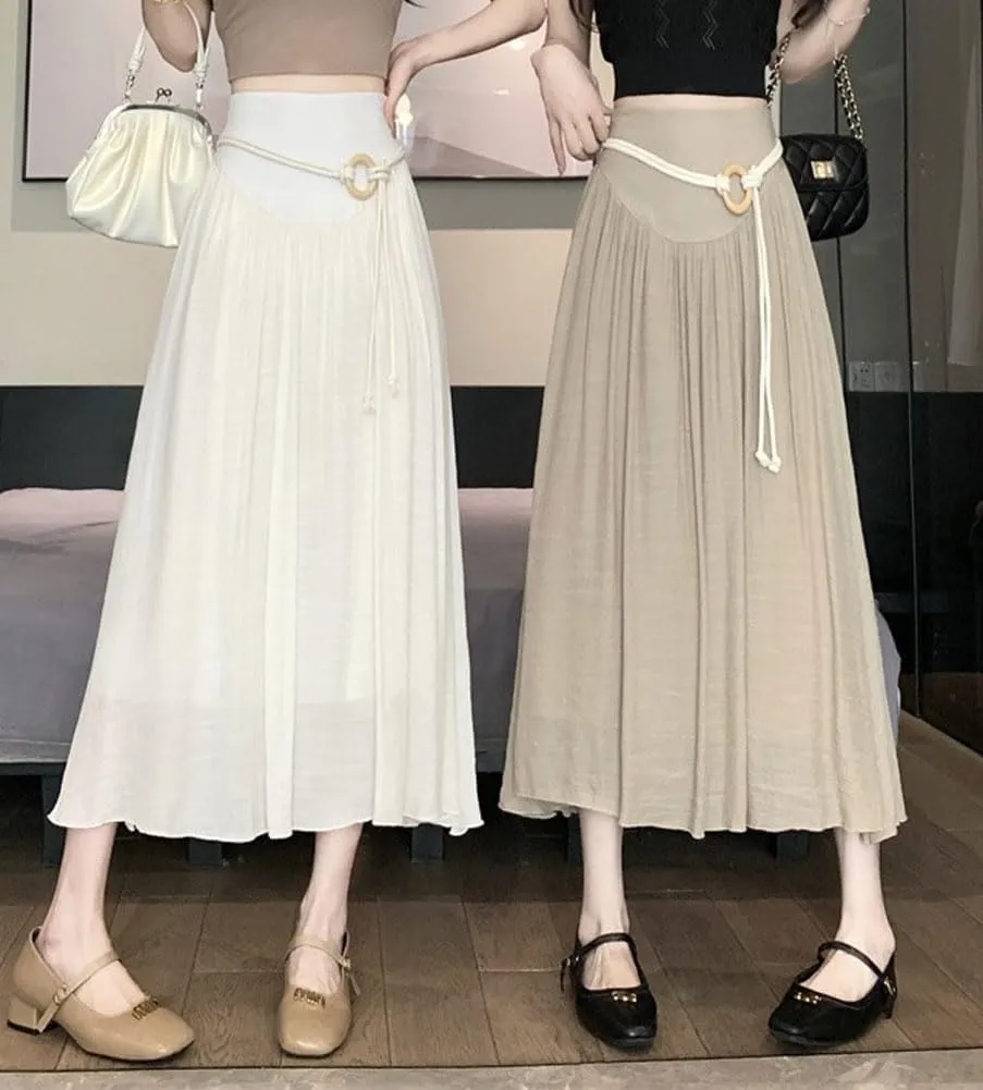 chouyatou Women's High Elastic Waist Swing Skirt Flowy Pleated Cotton Linen Midi Long Skirt with Belt
