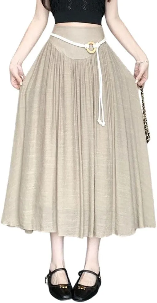 chouyatou Women's High Elastic Waist Swing Skirt Flowy Pleated Cotton Linen Midi Long Skirt with Belt