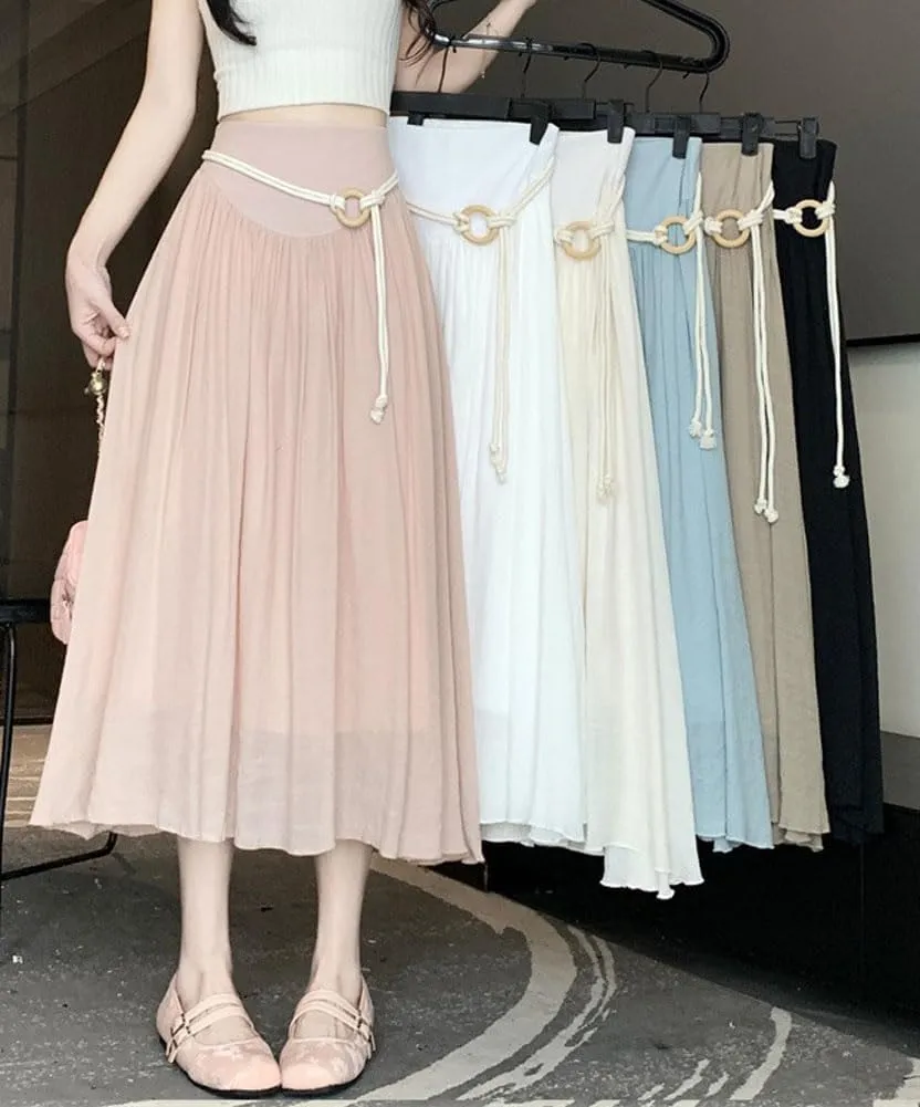 chouyatou Women's High Elastic Waist Swing Skirt Flowy Pleated Cotton Linen Midi Long Skirt with Belt