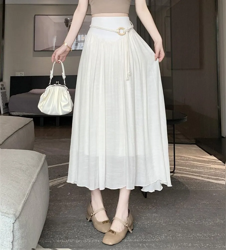 chouyatou Women's High Elastic Waist Swing Skirt Flowy Pleated Cotton Linen Midi Long Skirt with Belt