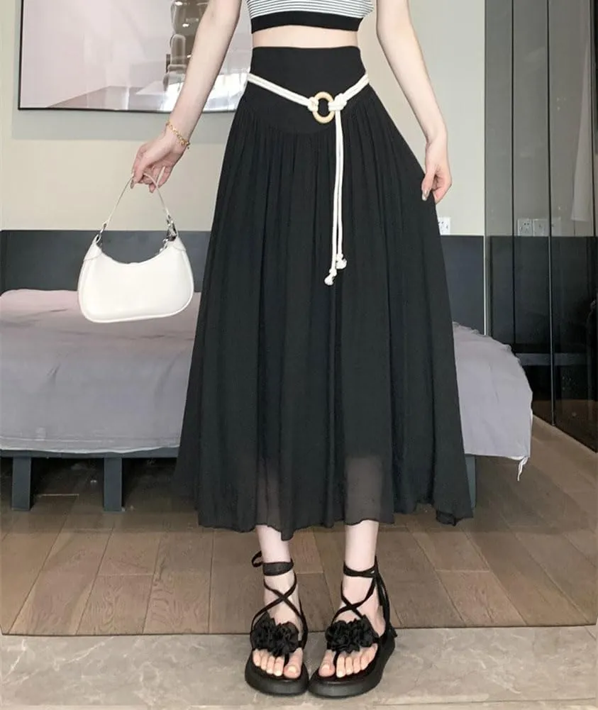 chouyatou Women's High Elastic Waist Swing Skirt Flowy Pleated Cotton Linen Midi Long Skirt with Belt