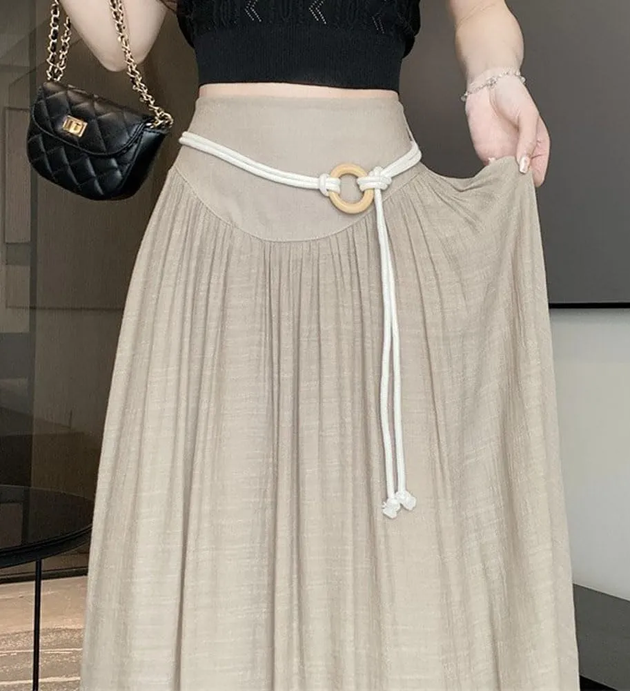 chouyatou Women's High Elastic Waist Swing Skirt Flowy Pleated Cotton Linen Midi Long Skirt with Belt
