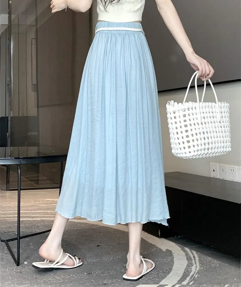 chouyatou Women's High Elastic Waist Swing Skirt Flowy Pleated Cotton Linen Midi Long Skirt with Belt