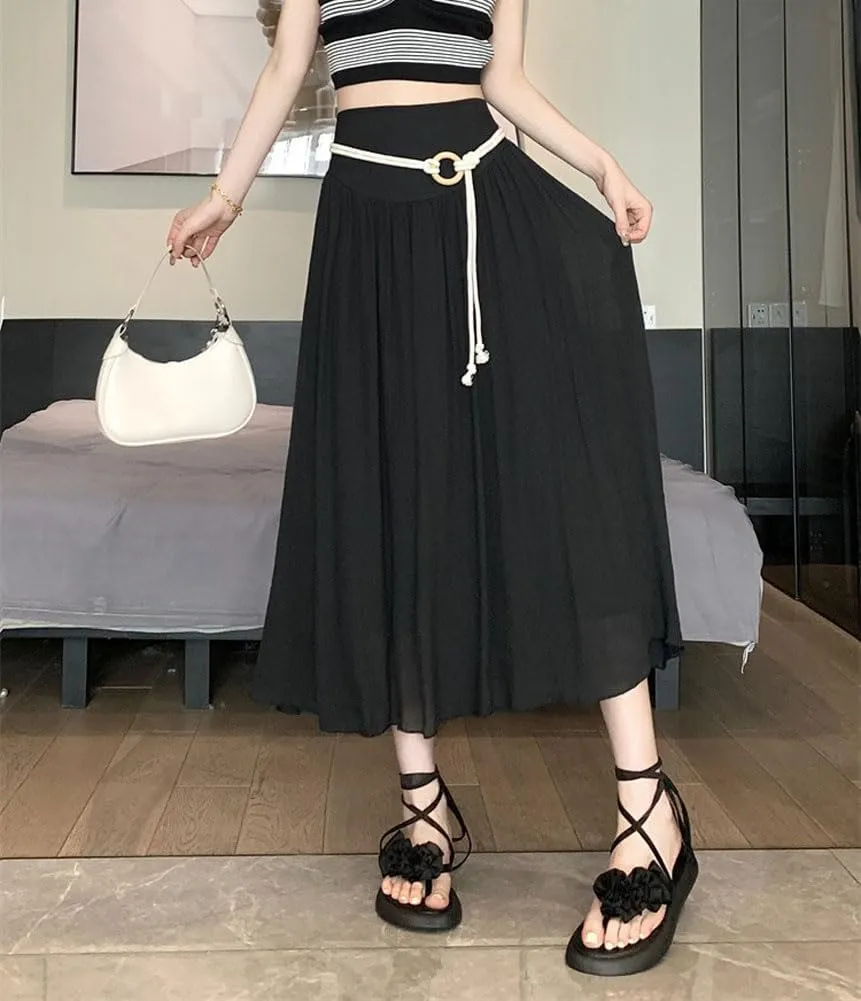 chouyatou Women's High Elastic Waist Swing Skirt Flowy Pleated Cotton Linen Midi Long Skirt with Belt