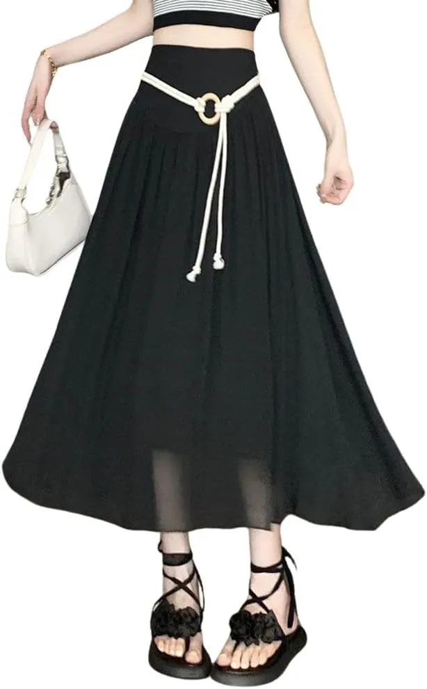 chouyatou Women's High Elastic Waist Swing Skirt Flowy Pleated Cotton Linen Midi Long Skirt with Belt