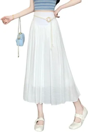 chouyatou Women's High Elastic Waist Swing Skirt Flowy Pleated Cotton Linen Midi Long Skirt with Belt