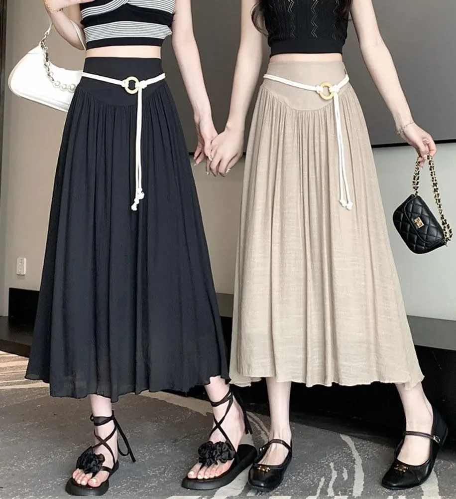 chouyatou Women's High Elastic Waist Swing Skirt Flowy Pleated Cotton Linen Midi Long Skirt with Belt