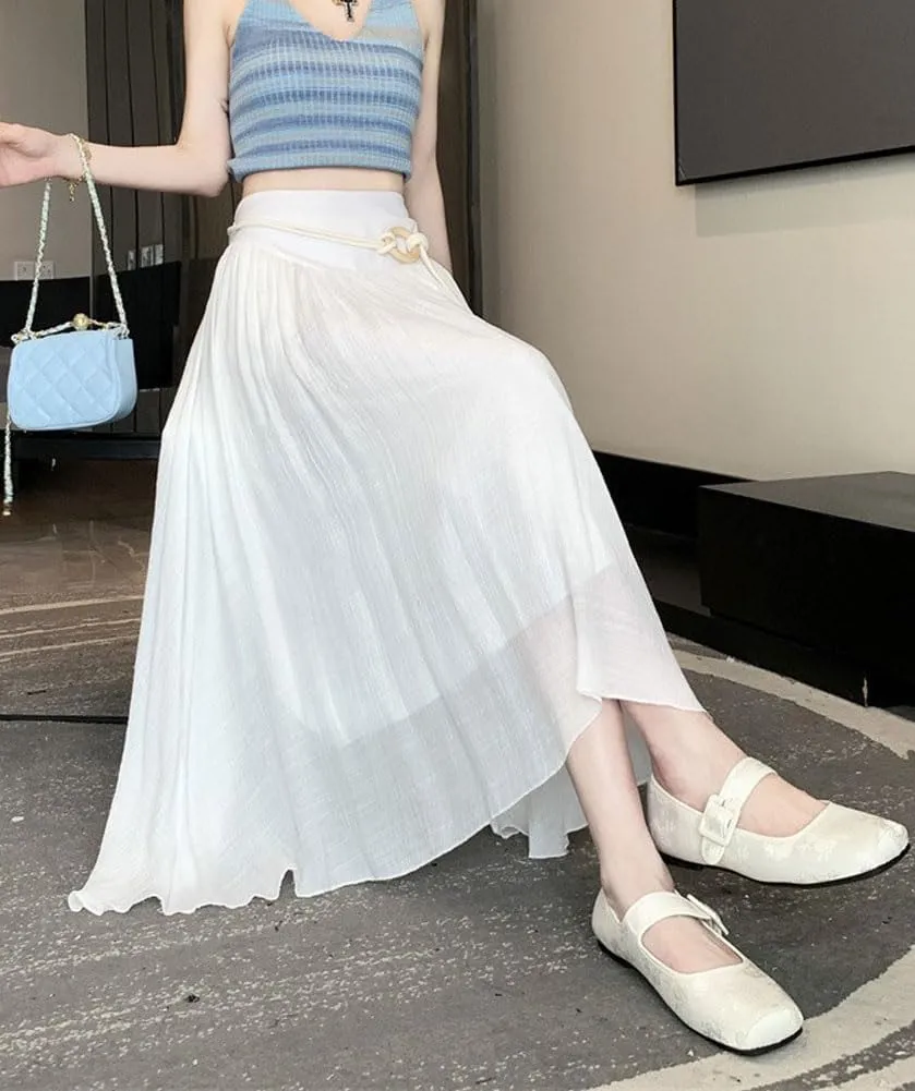 chouyatou Women's High Elastic Waist Swing Skirt Flowy Pleated Cotton Linen Midi Long Skirt with Belt