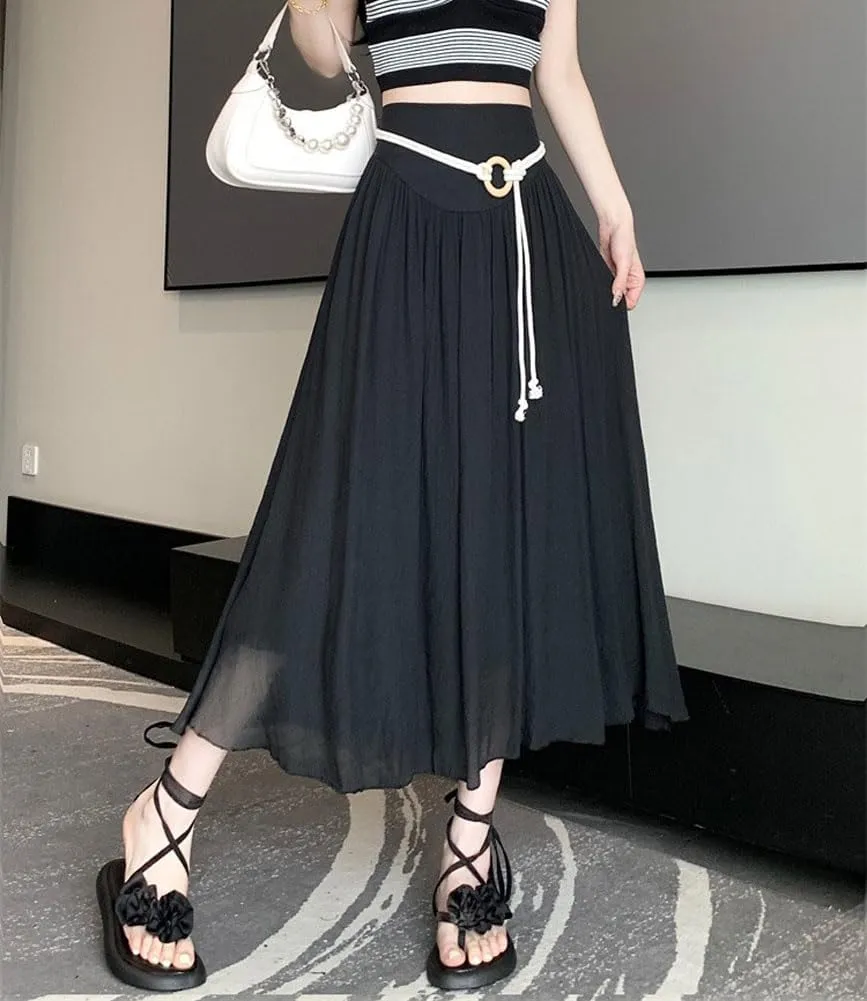 chouyatou Women's High Elastic Waist Swing Skirt Flowy Pleated Cotton Linen Midi Long Skirt with Belt