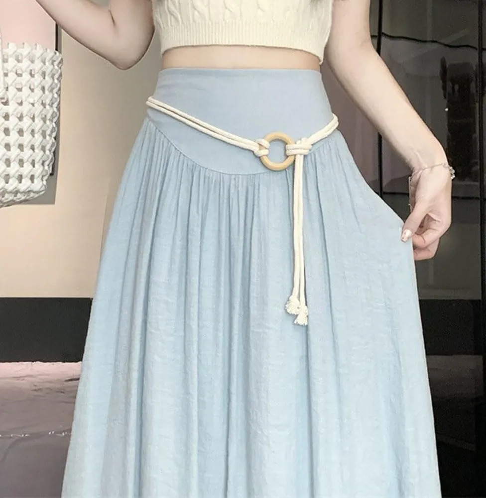 chouyatou Women's High Elastic Waist Swing Skirt Flowy Pleated Cotton Linen Midi Long Skirt with Belt