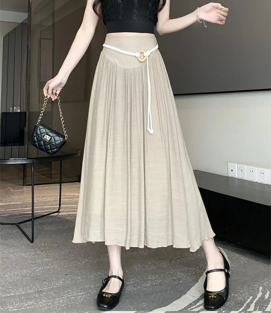 chouyatou Women's High Elastic Waist Swing Skirt Flowy Pleated Cotton Linen Midi Long Skirt with Belt