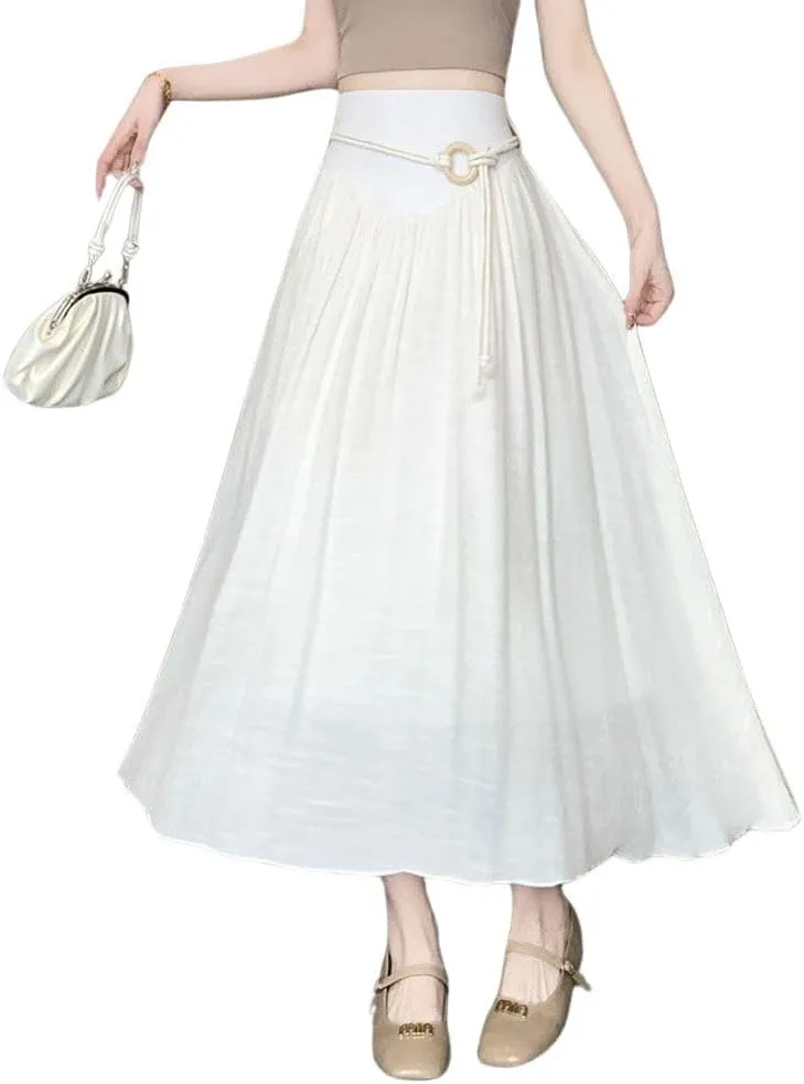 chouyatou Women's High Elastic Waist Swing Skirt Flowy Pleated Cotton Linen Midi Long Skirt with Belt