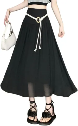 chouyatou Women's High Elastic Waist Swing Skirt Flowy Pleated Cotton Linen Midi Long Skirt with Belt