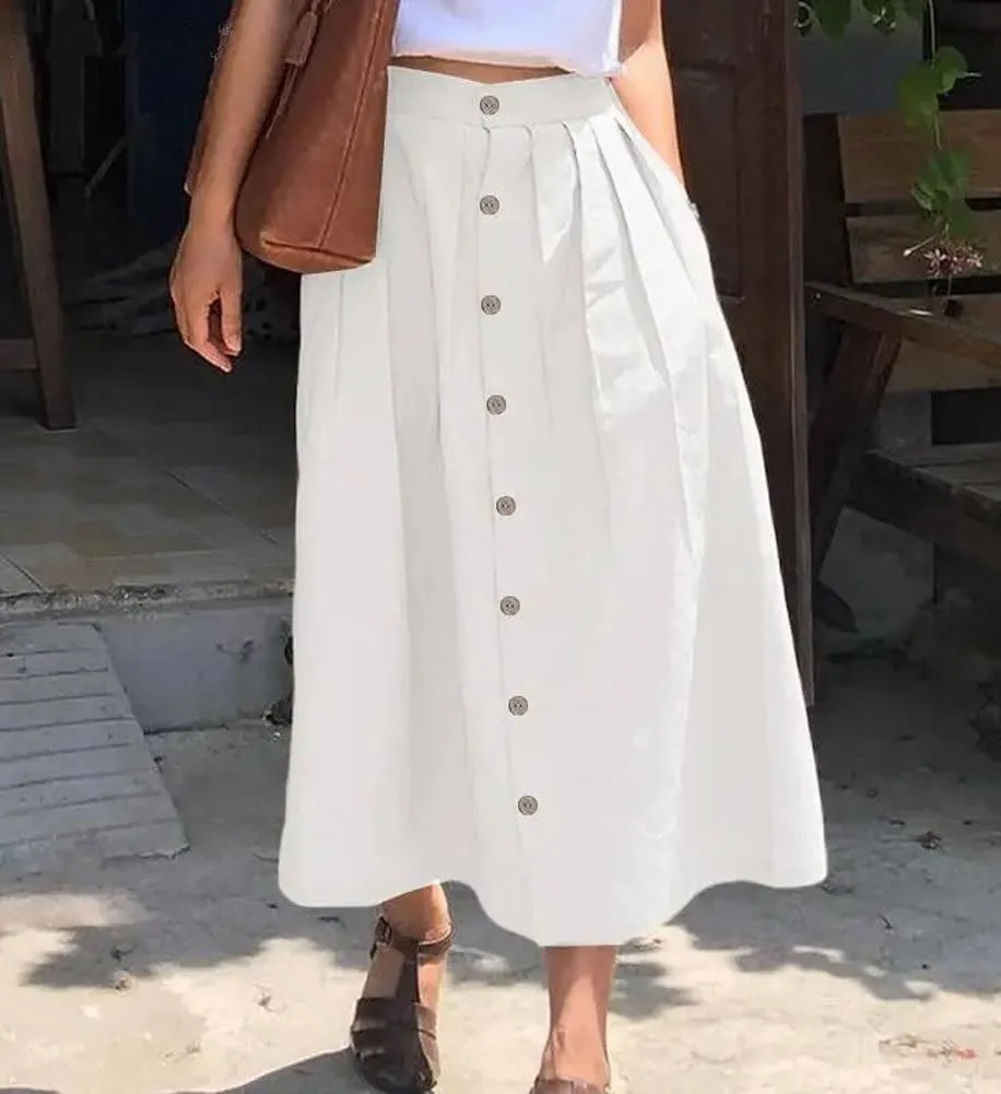 chouyatou Women's High Waisted Button Front Skirt A-Line Pleated Cotton Midi Long Skirt with Pockets