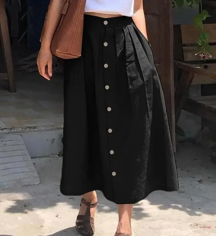 chouyatou Women's High Waisted Button Front Skirt A-Line Pleated Cotton Midi Long Skirt with Pockets