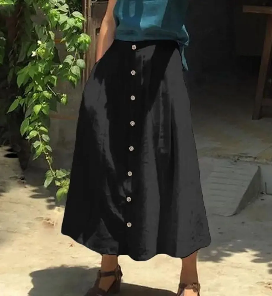 chouyatou Women's High Waisted Button Front Skirt A-Line Pleated Cotton Midi Long Skirt with Pockets
