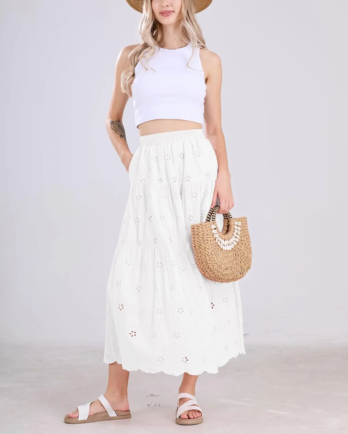 chouyatou Women's Lace Embroidery Eyelet Boho Skirt High Elastic Waisted Flowy Swing Midi Long Skirt