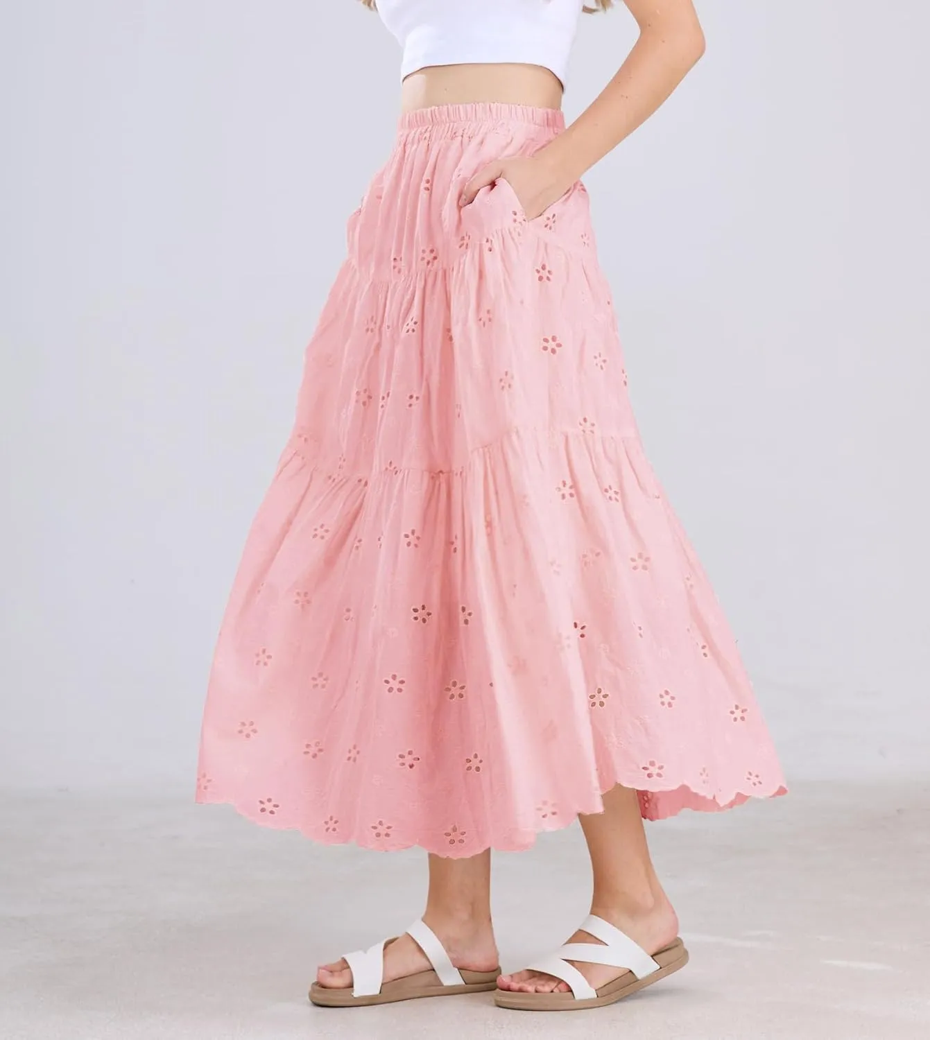 chouyatou Women's Lace Embroidery Eyelet Boho Skirt High Elastic Waisted Flowy Swing Midi Long Skirt