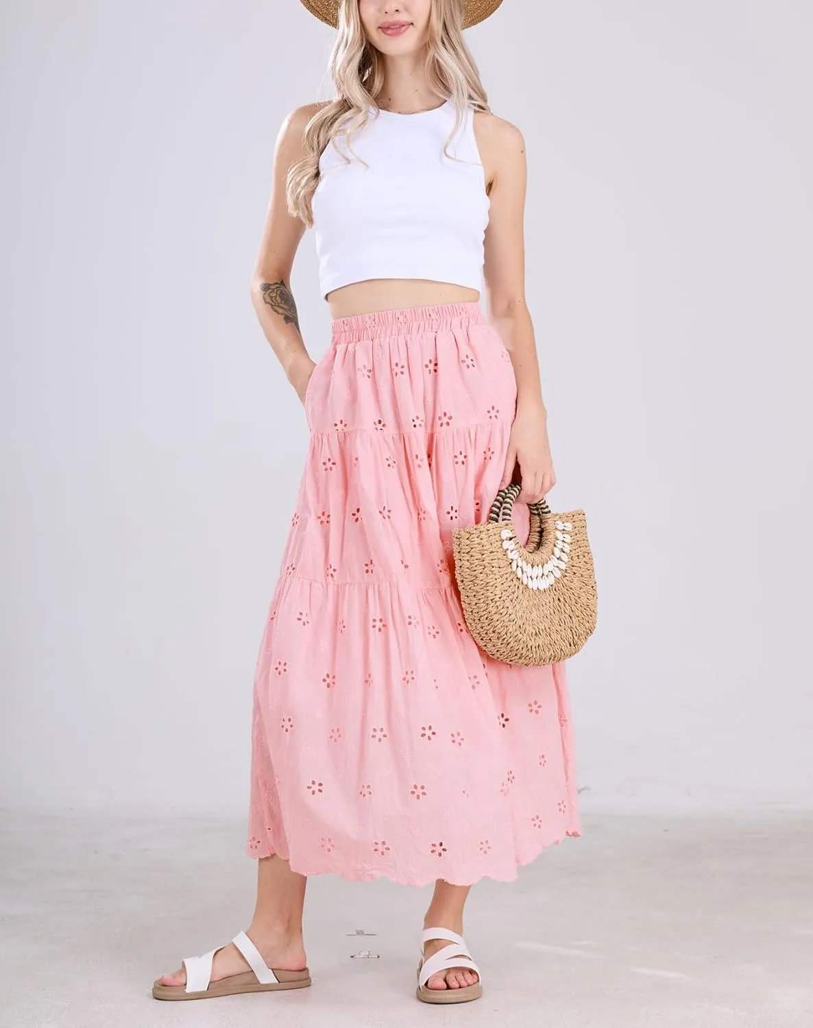 chouyatou Women's Lace Embroidery Eyelet Boho Skirt High Elastic Waisted Flowy Swing Midi Long Skirt