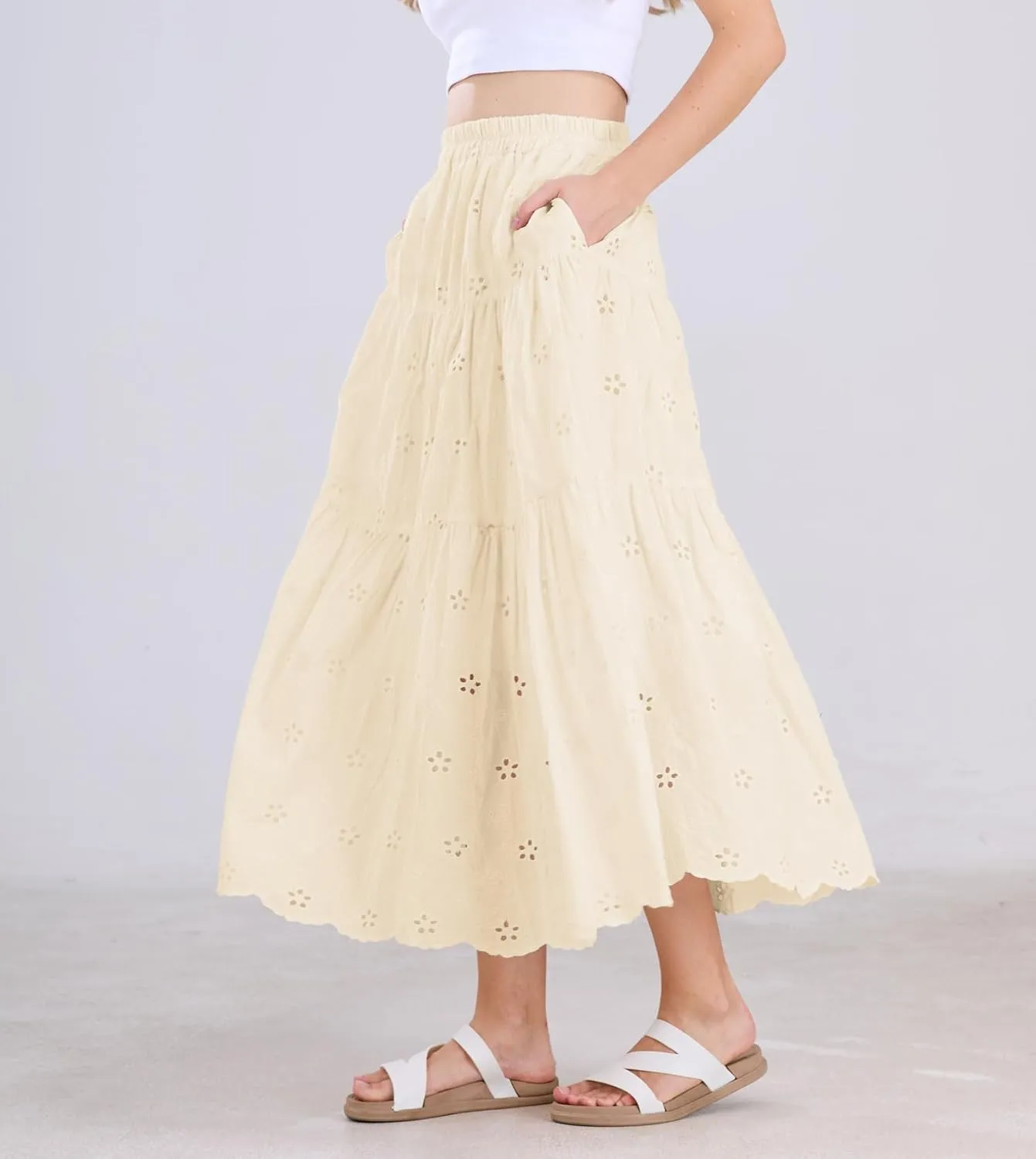 chouyatou Women's Lace Embroidery Eyelet Boho Skirt High Elastic Waisted Flowy Swing Midi Long Skirt