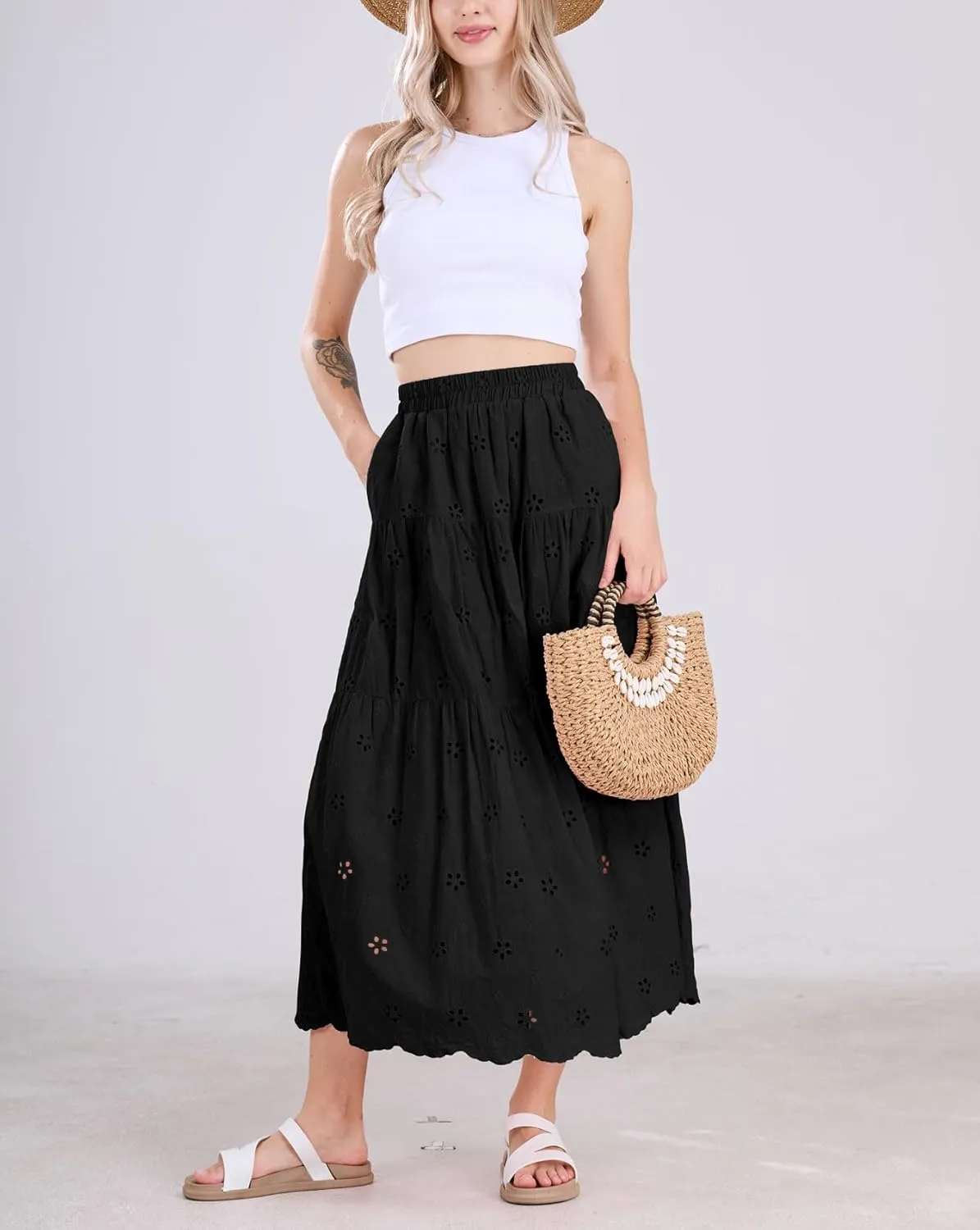 chouyatou Women's Lace Embroidery Eyelet Boho Skirt High Elastic Waisted Flowy Swing Midi Long Skirt