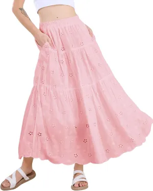 chouyatou Women's Lace Embroidery Eyelet Boho Skirt High Elastic Waisted Flowy Swing Midi Long Skirt