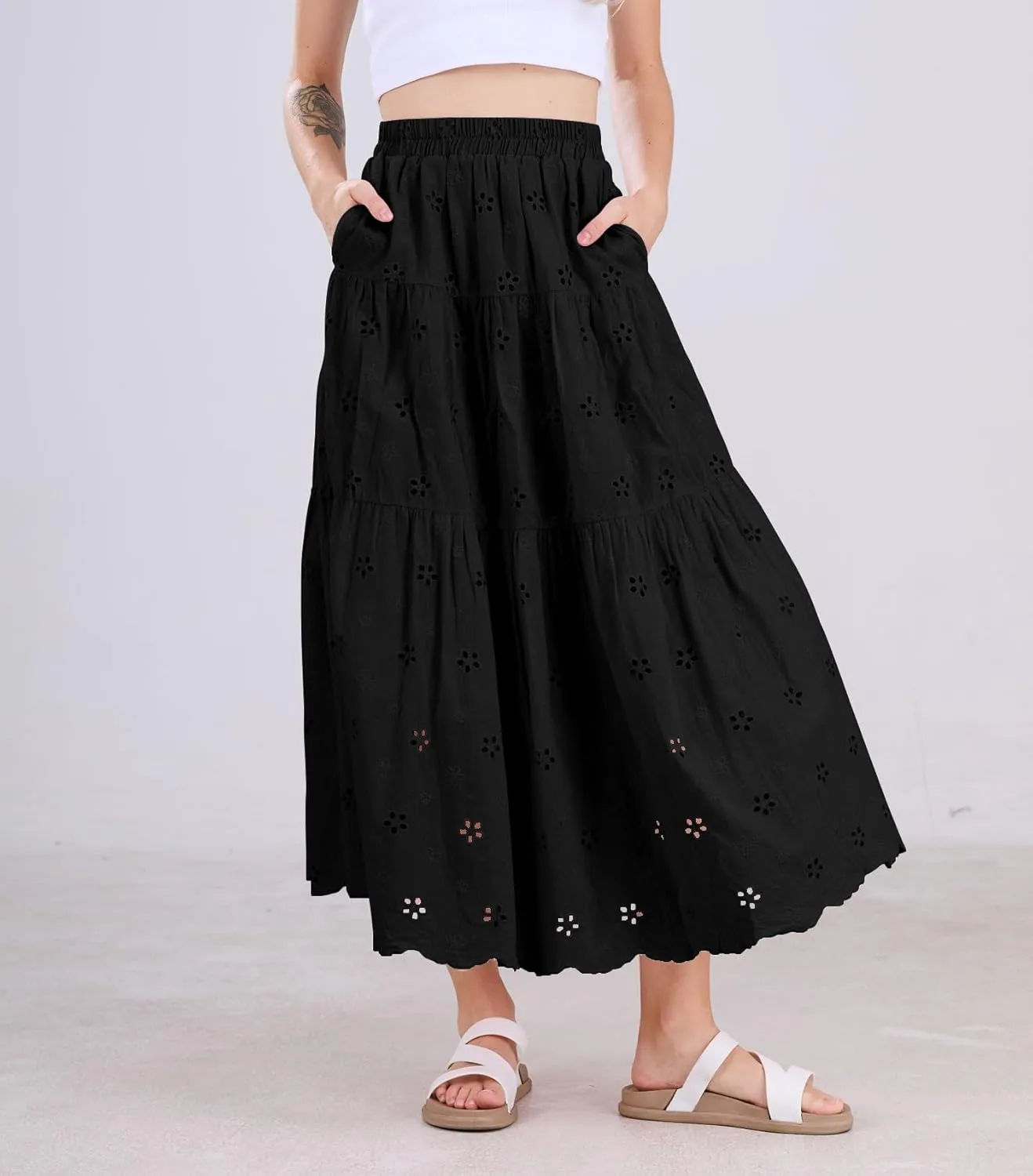 chouyatou Women's Lace Embroidery Eyelet Boho Skirt High Elastic Waisted Flowy Swing Midi Long Skirt