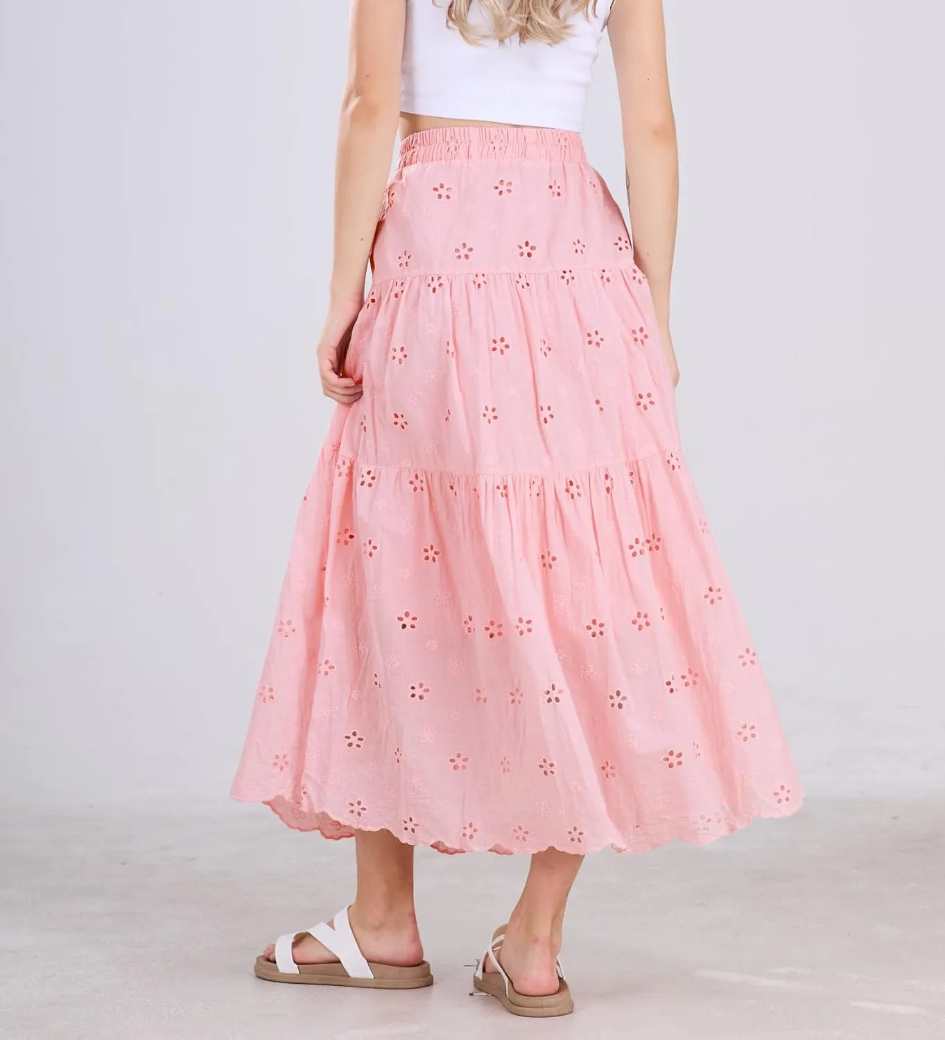 chouyatou Women's Lace Embroidery Eyelet Boho Skirt High Elastic Waisted Flowy Swing Midi Long Skirt