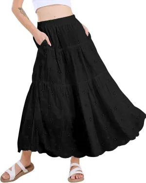 chouyatou Women's Lace Embroidery Eyelet Boho Skirt High Elastic Waisted Flowy Swing Midi Long Skirt