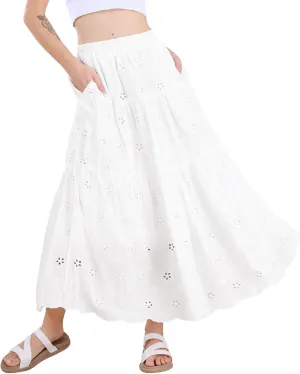chouyatou Women's Lace Embroidery Eyelet Boho Skirt High Elastic Waisted Flowy Swing Midi Long Skirt