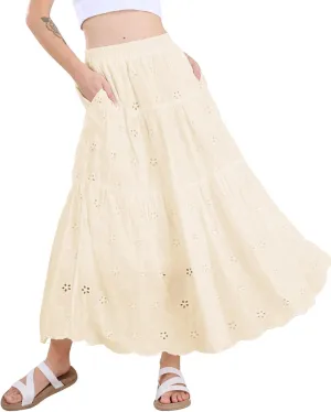 chouyatou Women's Lace Embroidery Eyelet Boho Skirt High Elastic Waisted Flowy Swing Midi Long Skirt