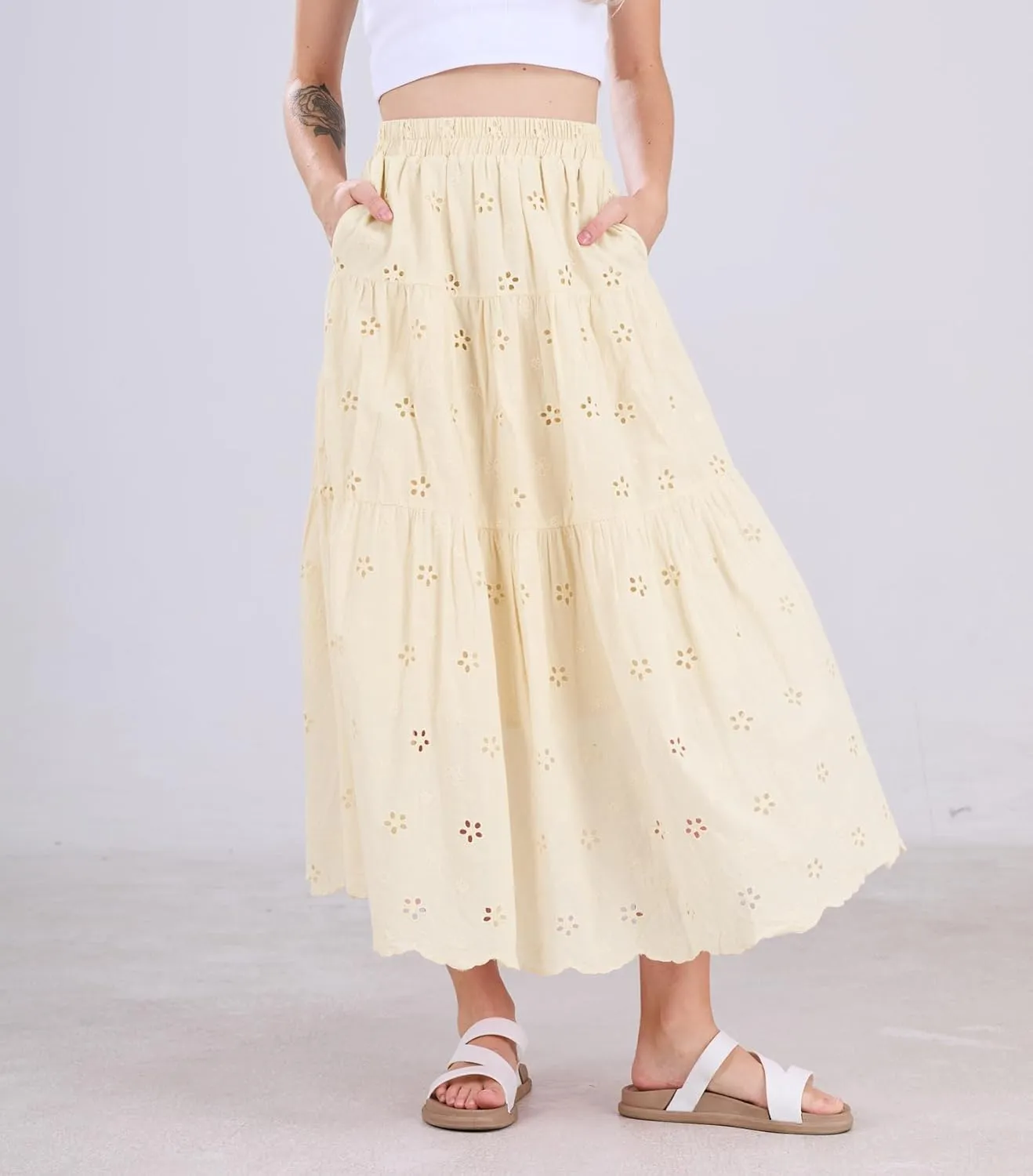 chouyatou Women's Lace Embroidery Eyelet Boho Skirt High Elastic Waisted Flowy Swing Midi Long Skirt