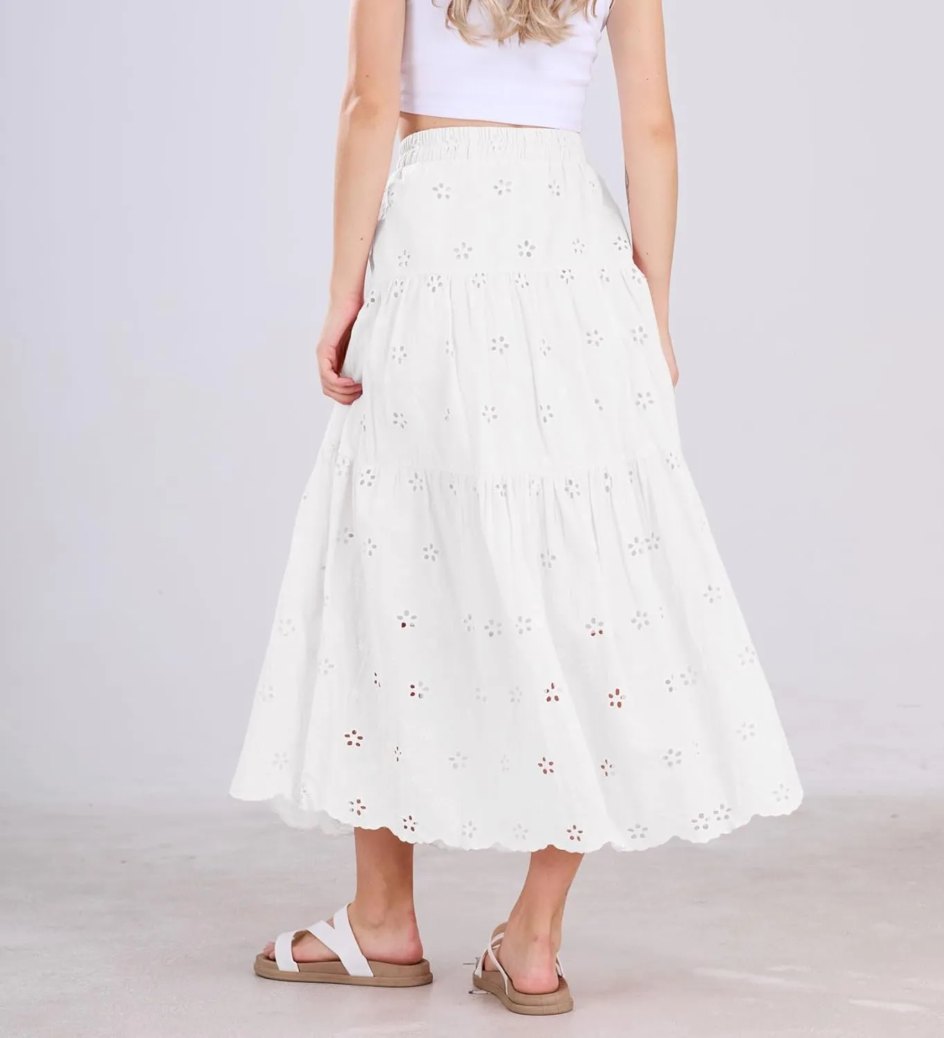 chouyatou Women's Lace Embroidery Eyelet Boho Skirt High Elastic Waisted Flowy Swing Midi Long Skirt