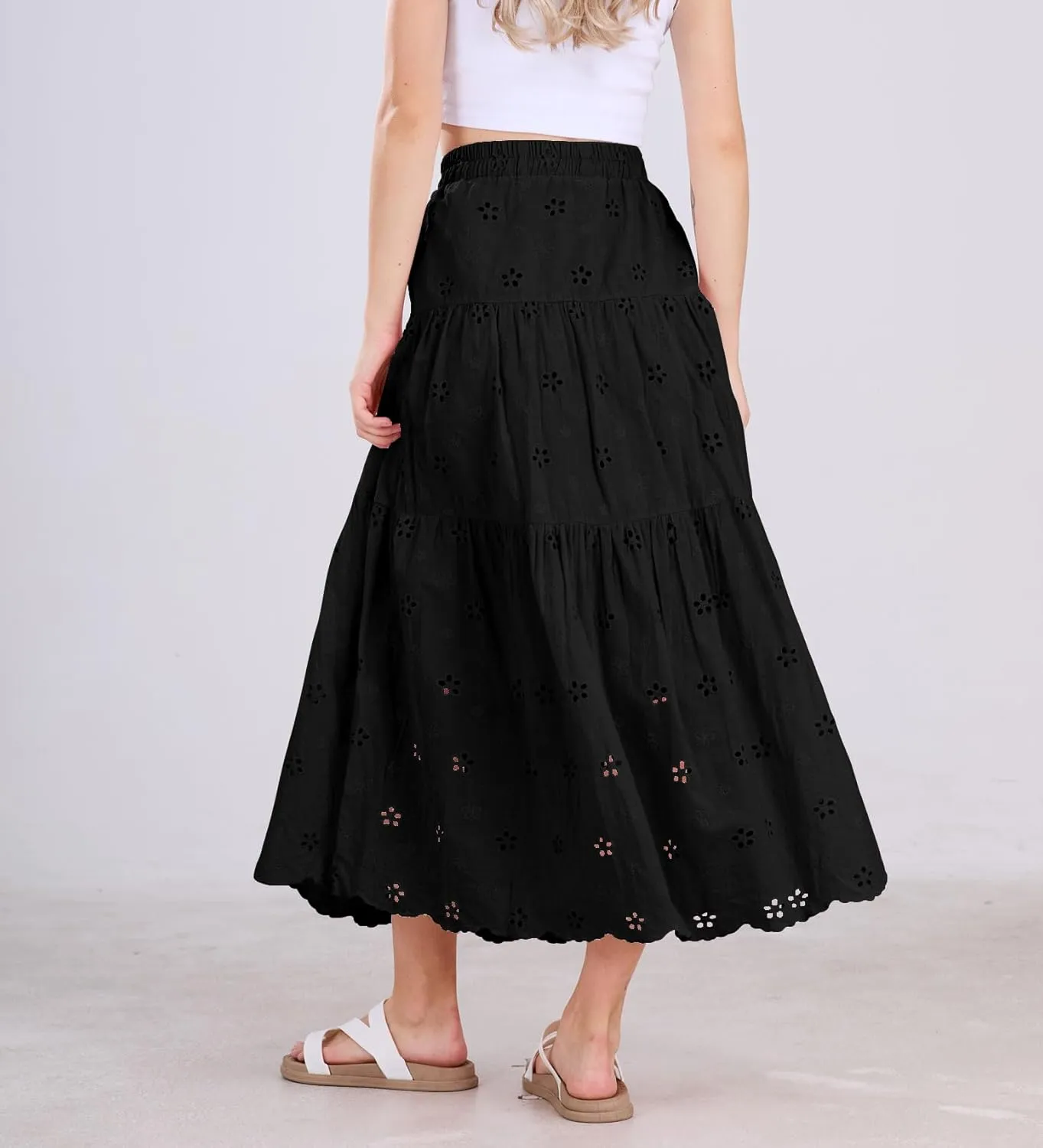 chouyatou Women's Lace Embroidery Eyelet Boho Skirt High Elastic Waisted Flowy Swing Midi Long Skirt