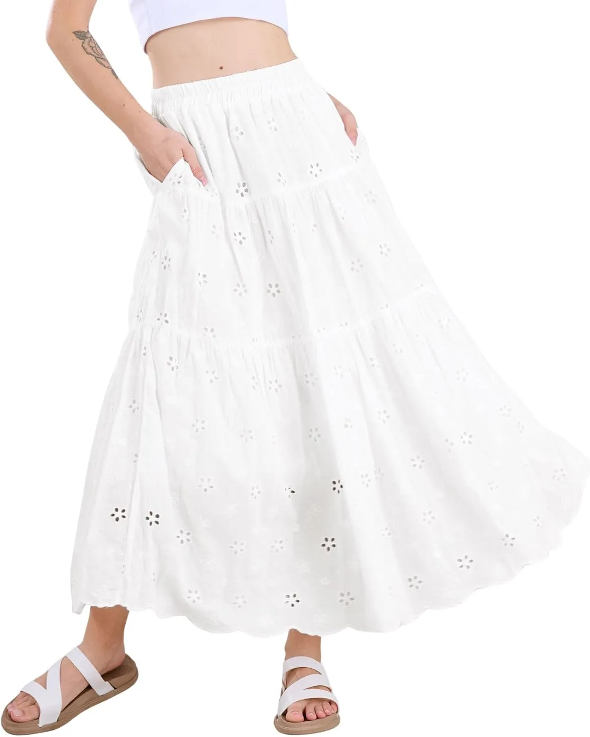 chouyatou Women's Lace Embroidery Eyelet Boho Skirt High Elastic Waisted Flowy Swing Midi Long Skirt