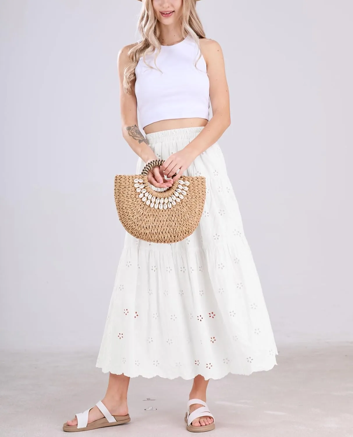 chouyatou Women's Lace Embroidery Eyelet Boho Skirt High Elastic Waisted Flowy Swing Midi Long Skirt