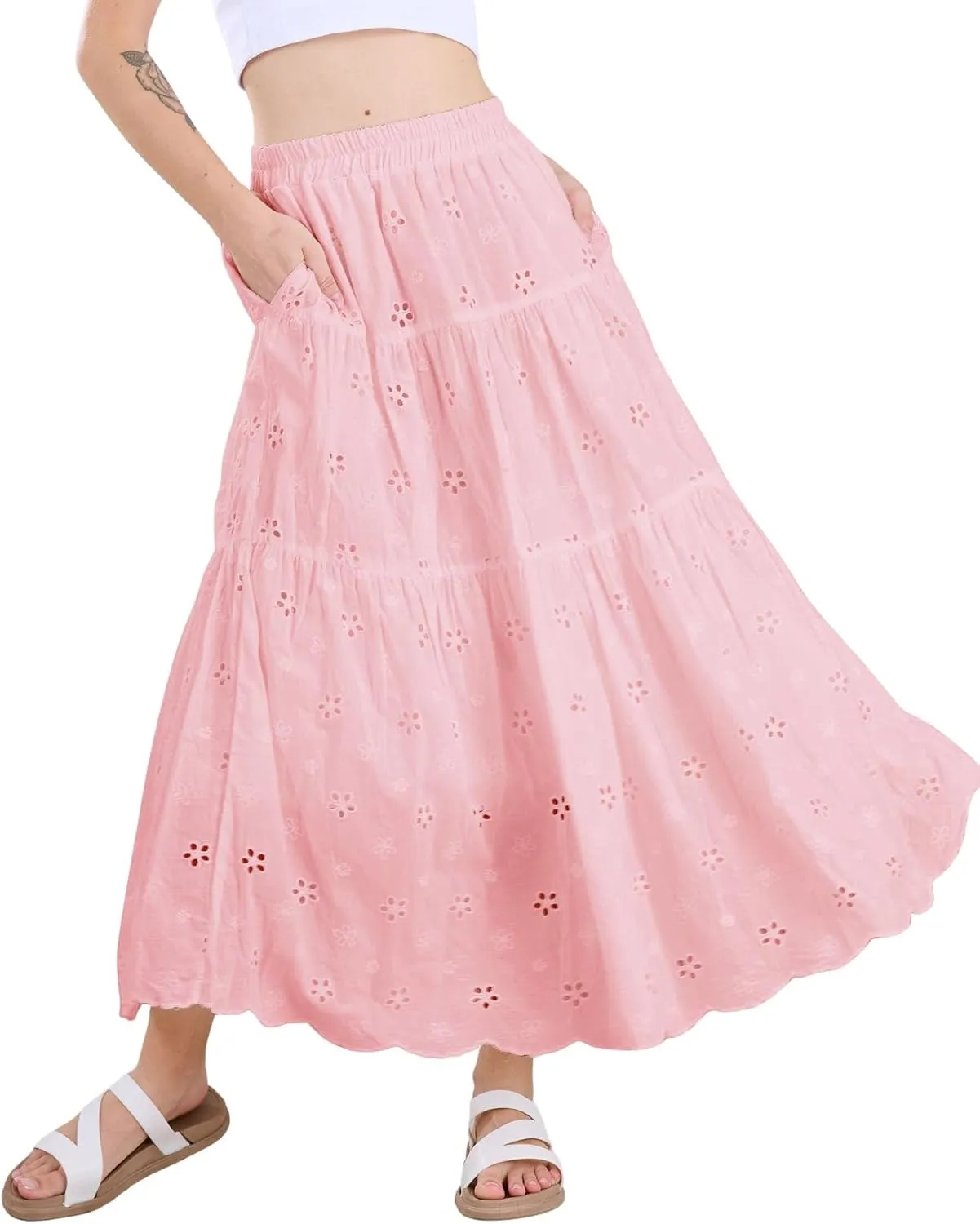 chouyatou Women's Lace Embroidery Eyelet Boho Skirt High Elastic Waisted Flowy Swing Midi Long Skirt