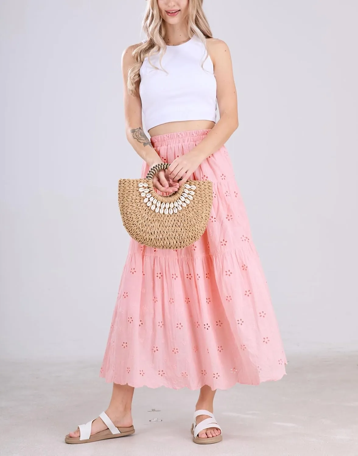 chouyatou Women's Lace Embroidery Eyelet Boho Skirt High Elastic Waisted Flowy Swing Midi Long Skirt
