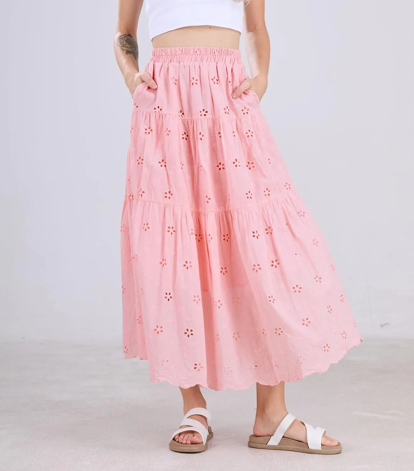 chouyatou Women's Lace Embroidery Eyelet Boho Skirt High Elastic Waisted Flowy Swing Midi Long Skirt