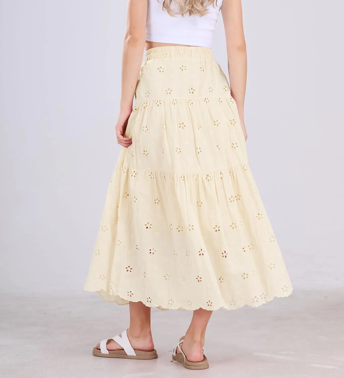chouyatou Women's Lace Embroidery Eyelet Boho Skirt High Elastic Waisted Flowy Swing Midi Long Skirt