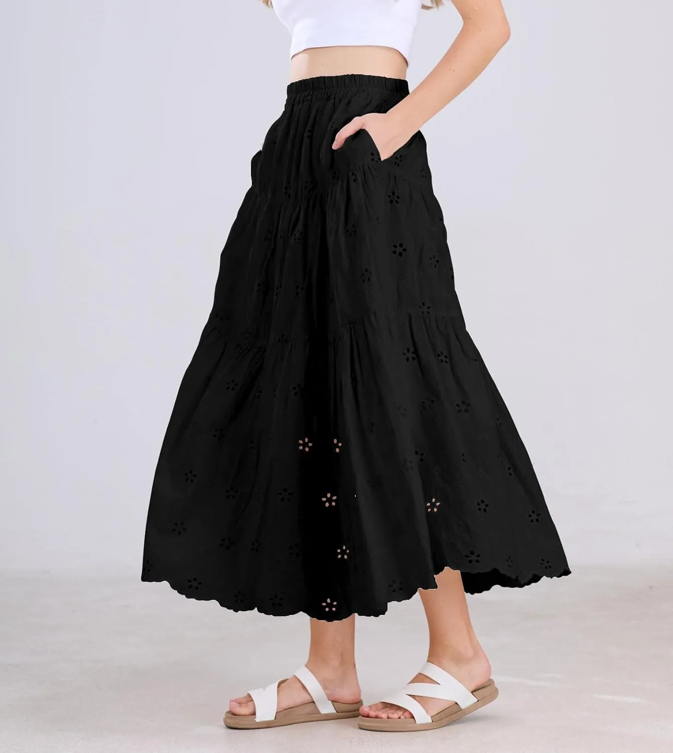 chouyatou Women's Lace Embroidery Eyelet Boho Skirt High Elastic Waisted Flowy Swing Midi Long Skirt