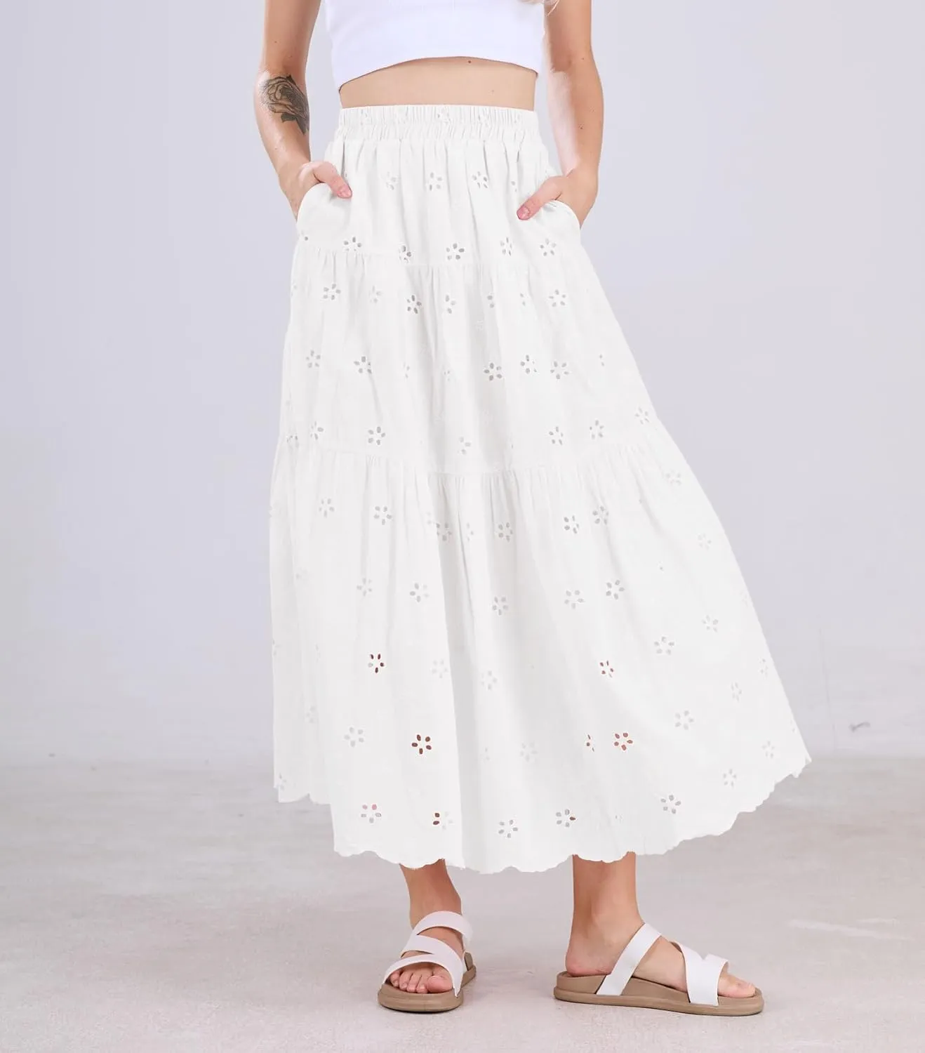 chouyatou Women's Lace Embroidery Eyelet Boho Skirt High Elastic Waisted Flowy Swing Midi Long Skirt