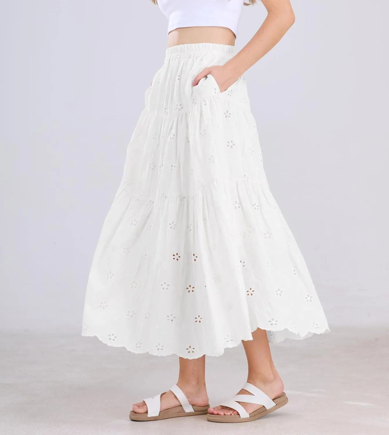 chouyatou Women's Lace Embroidery Eyelet Boho Skirt High Elastic Waisted Flowy Swing Midi Long Skirt