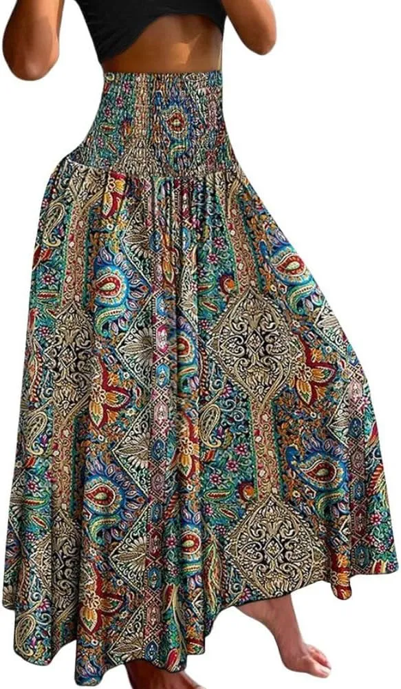 chouyatou Women's Smocked Waist Paisley Floral Boho Swing Skirt Bohemian Beach Vacation Midi Long Skirt