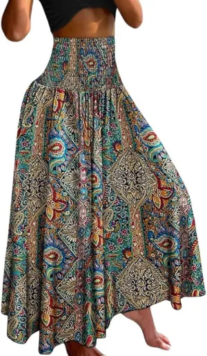 chouyatou Women's Smocked Waist Paisley Floral Boho Swing Skirt Bohemian Beach Vacation Midi Long Skirt