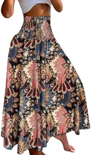 chouyatou Women's Smocked Waist Paisley Floral Boho Swing Skirt Bohemian Beach Vacation Midi Long Skirt