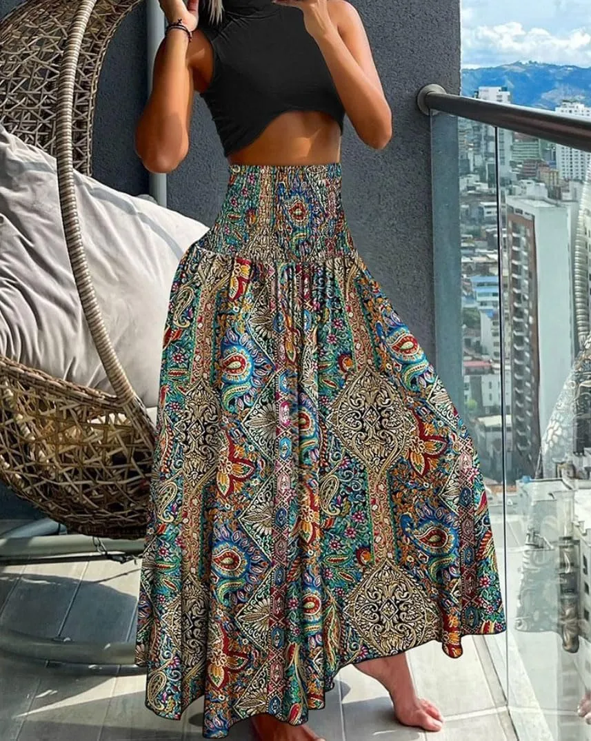 chouyatou Women's Smocked Waist Paisley Floral Boho Swing Skirt Bohemian Beach Vacation Midi Long Skirt