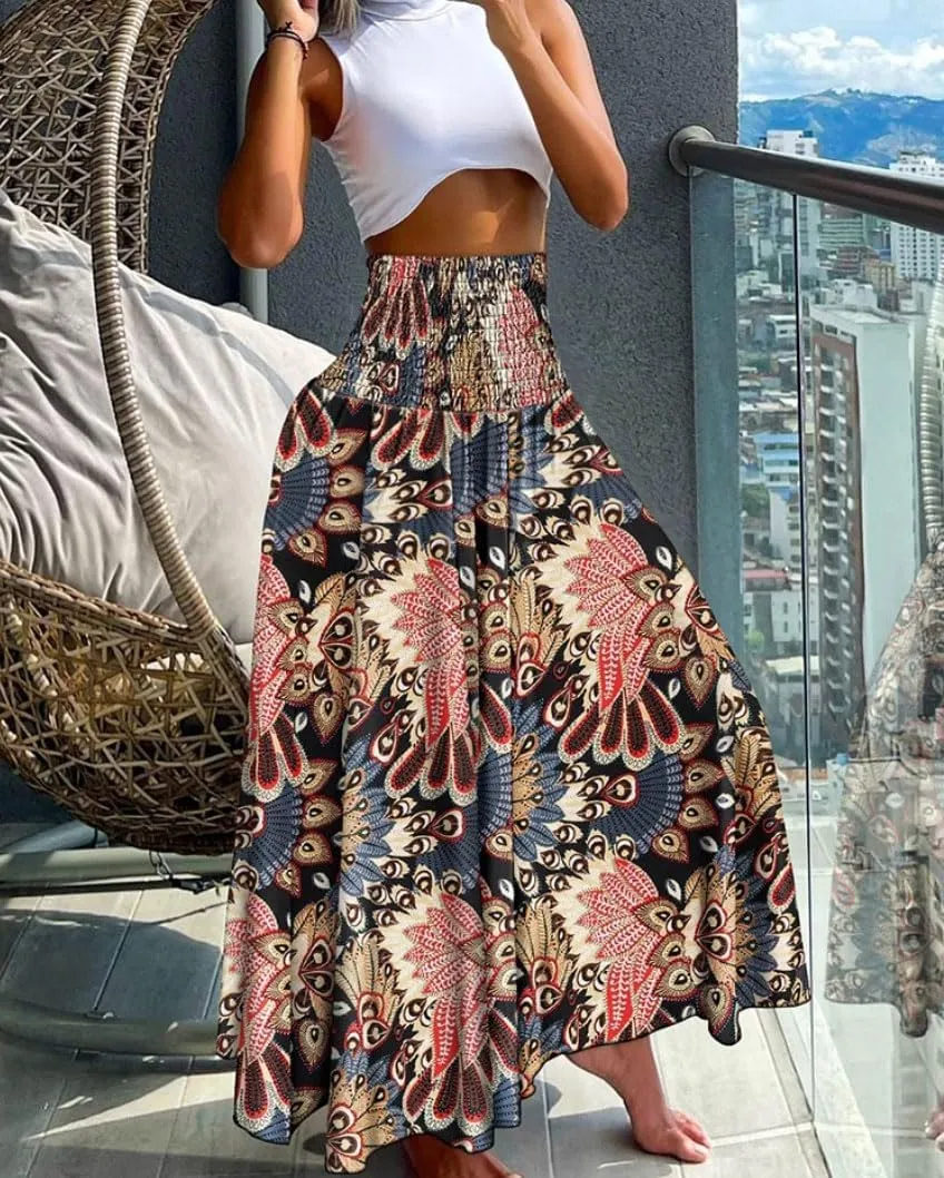 chouyatou Women's Smocked Waist Paisley Floral Boho Swing Skirt Bohemian Beach Vacation Midi Long Skirt